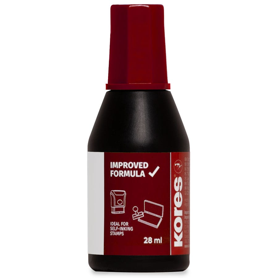 Die Kores® Stempelfarbe  ist UVA-beständig und die ist In den Farben: Rot – Violett – Blau – Grün – Schwarz zu erwerben.