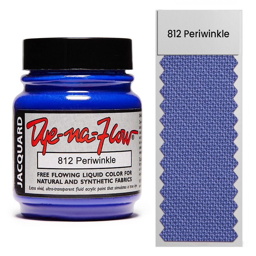 Jacquard Dye-Na-Flow 812 Periwinkle 67 ml Flasche Jacquard Dye-Na-Flow 812 Periwinkle 67 ml mit Farbmuster auf Stoff