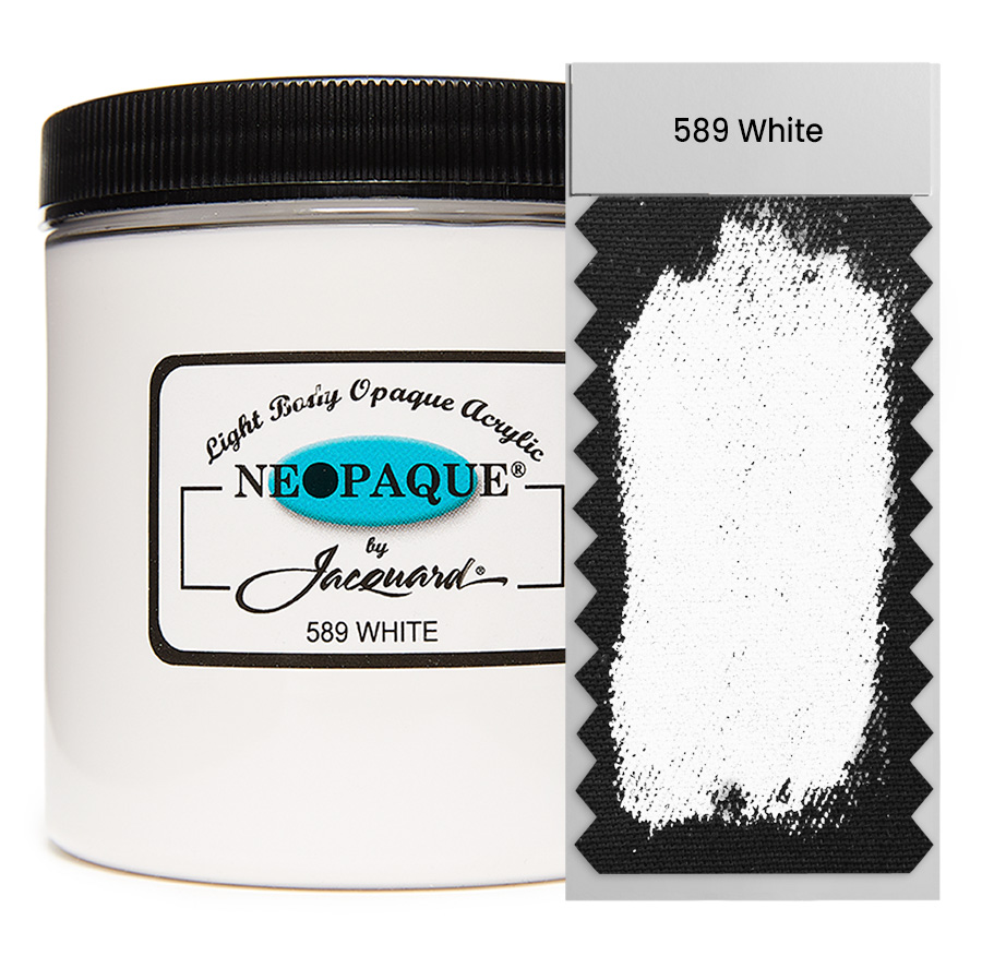 Jacquard Neopaque 589 White 236 ml Dose Jacquard Neopaque 589 White 236 ml mit Farbaufstrich auf Stoff, deckende Acrylfarbe