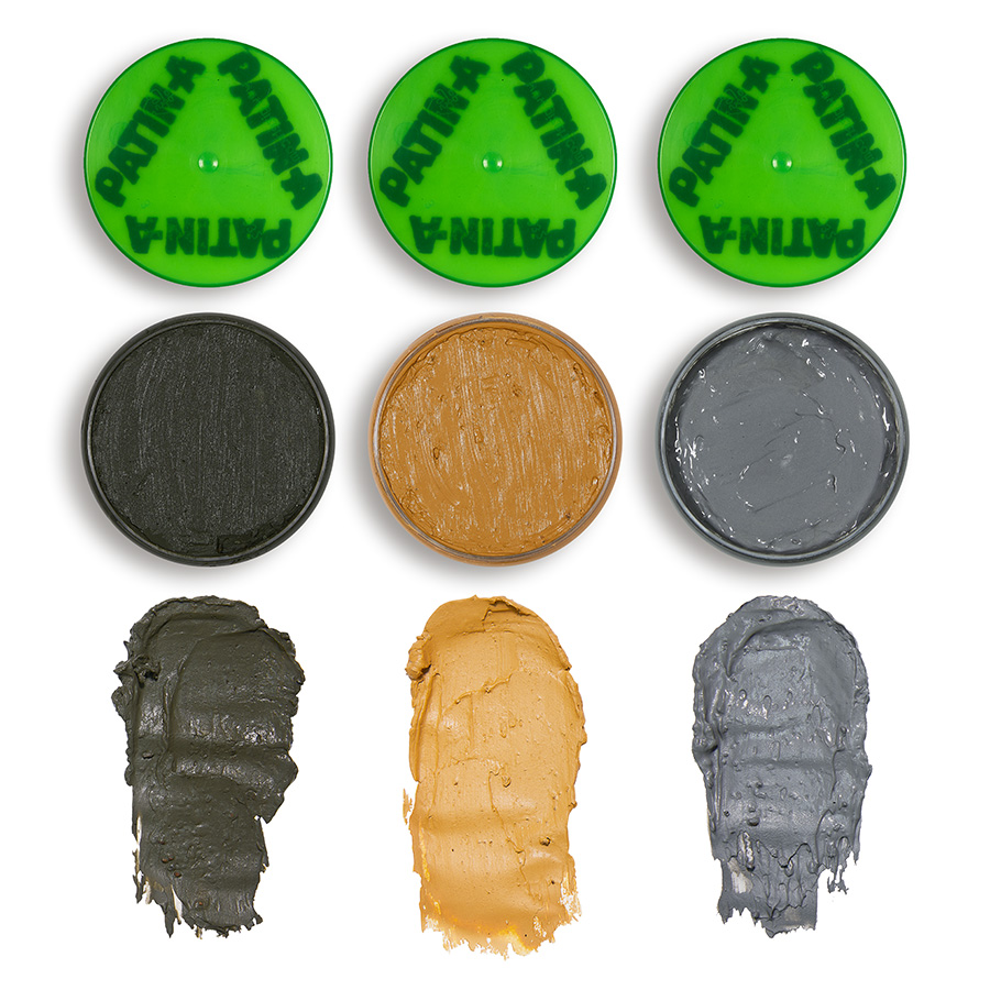 PATIN-MUD set of 3 light colors. The popular water-soluble patination mud in dark, beautiful and authentic patina shades: yellow ochre, olive and light gray