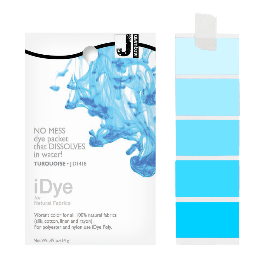 Jacquard iDye Natural 418 Turquoise Packung Jacquard iDye Natural 418 Turquoise mit sich lösender Farbe im Wasser und Farbmustern in Türkis