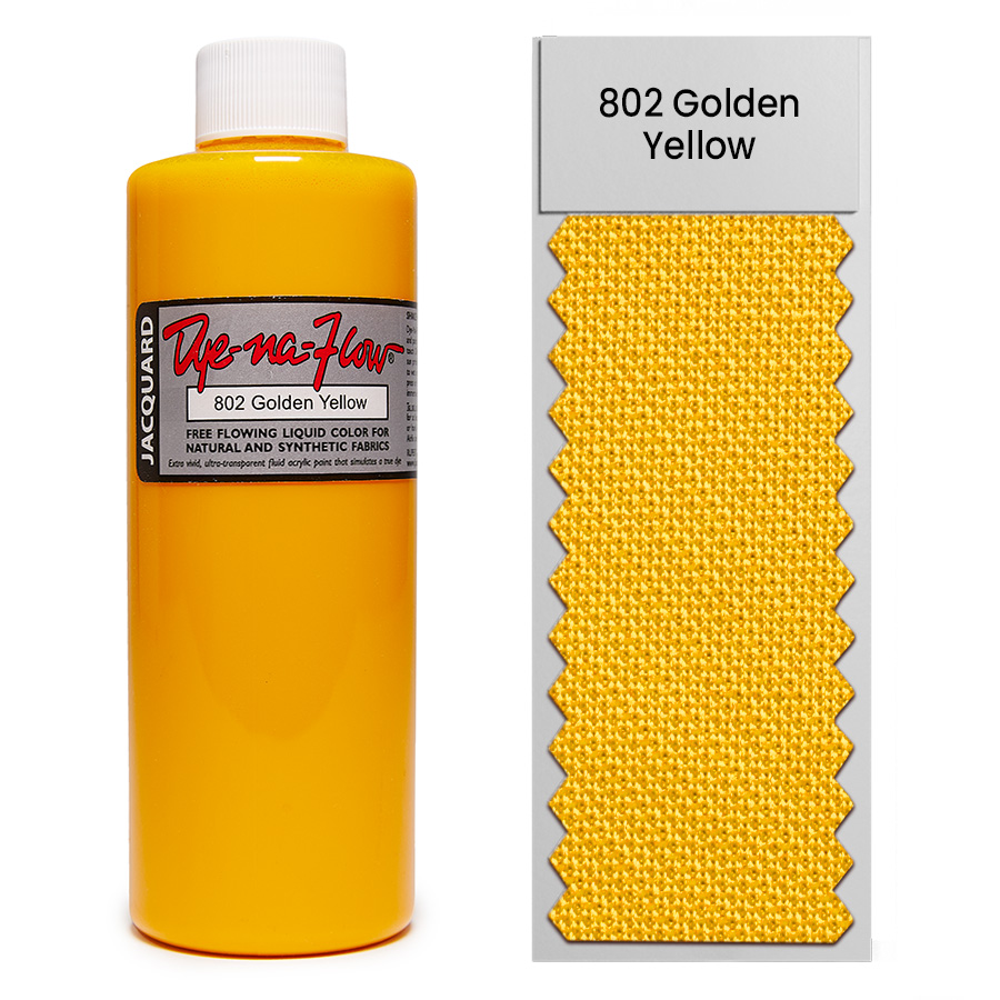 Jacquard Dye-Na-Flow 802 Golden Yellow 236 ml Flasche Jacquard Dye-Na-Flow 802 Golden Yellow 236 ml mit Farbmuster auf Stoff