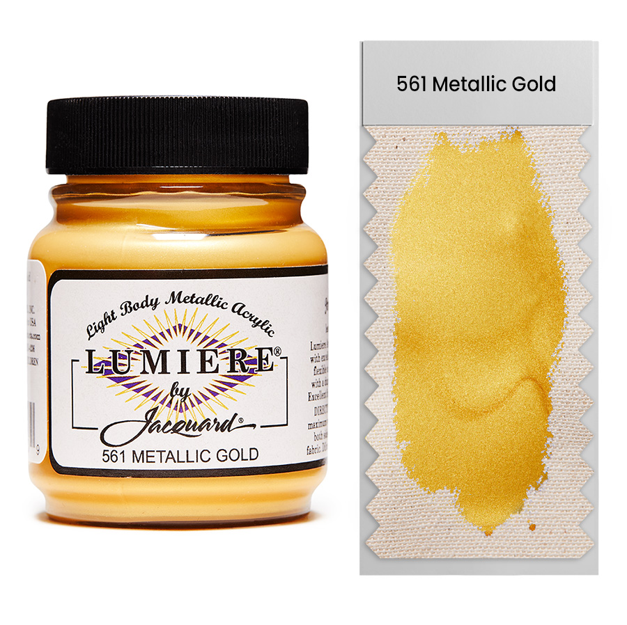 Jacquard Lumiere 561 Metallic Gold 67 ml Jar of Jacquard Lumiere 561 Metallic Gold 67 ml with swatch, metallic and pearlescent paint