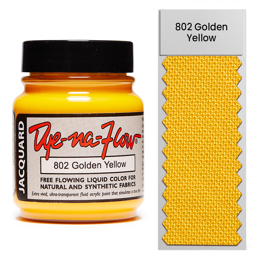 Jacquard Dye-Na-Flow 802 Golden Yellow 67 ml Flasche Jacquard Dye-Na-Flow 802 Golden Yellow 67 ml mit Farbmuster auf Stoff