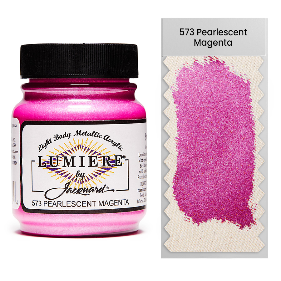 Jacquard Lumiere 573 Pearlescent Magenta 67 ml Jar of Jacquard Lumiere 573 Pearlescent Magenta 67 ml with swatch, metallic and pearlescent paint