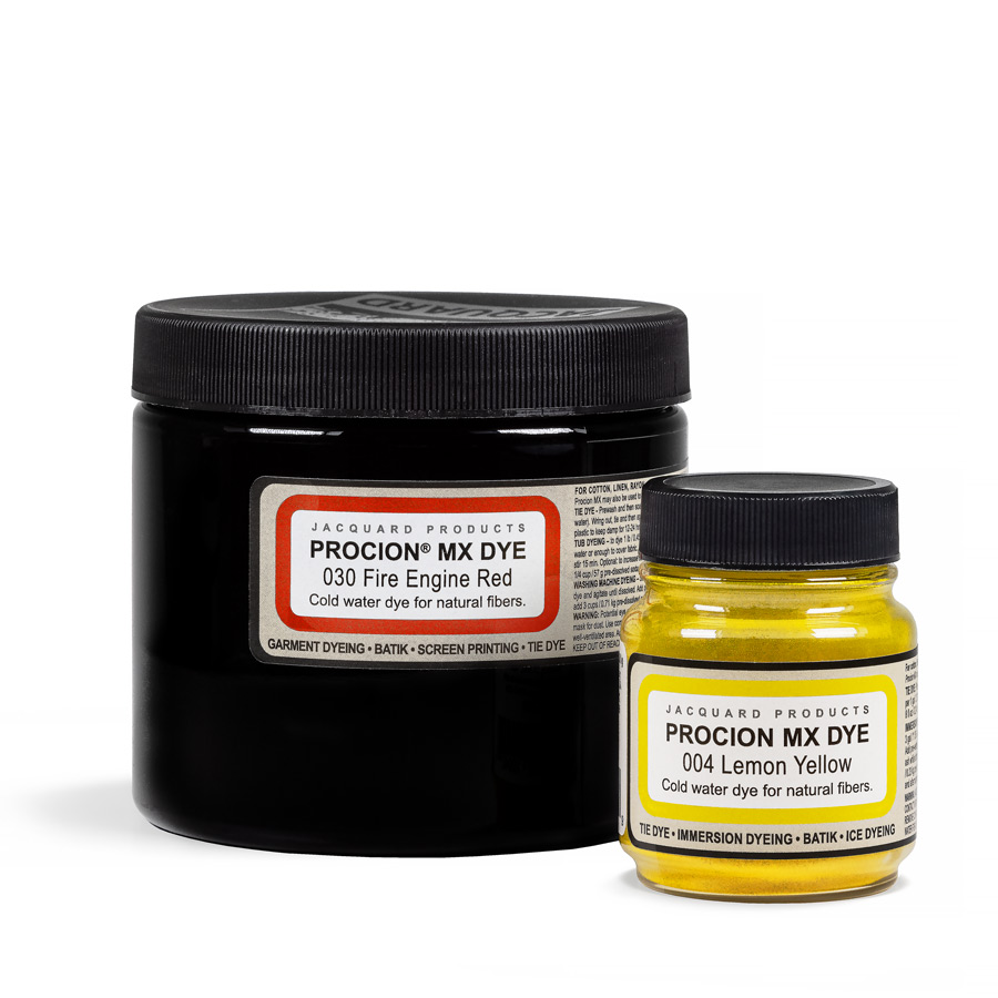 Procion MX zwei Größen Jacquard Procion MX große Dose Fire Engine Red und kleine Dose Lemon Yellow