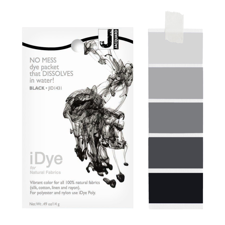 Jacquard iDye Natural 431 Black Packung Jacquard iDye Natural 431 Black mit sich lösender Farbe im Wasser und Farbmustern in Schwarz