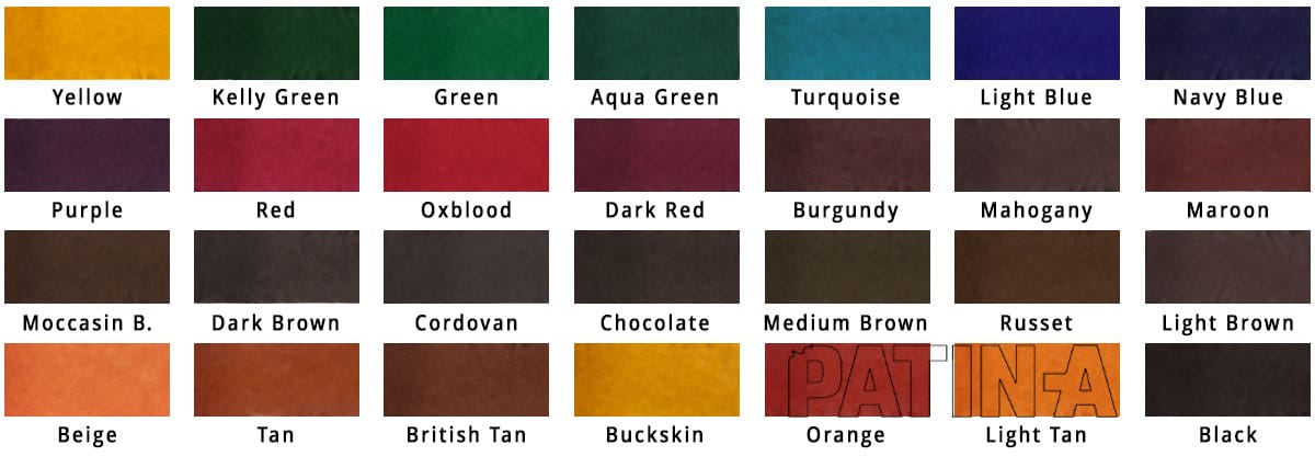Fiebing's Leather Dye Colour Chart - Nuancier - Farbkarte PATIN-A