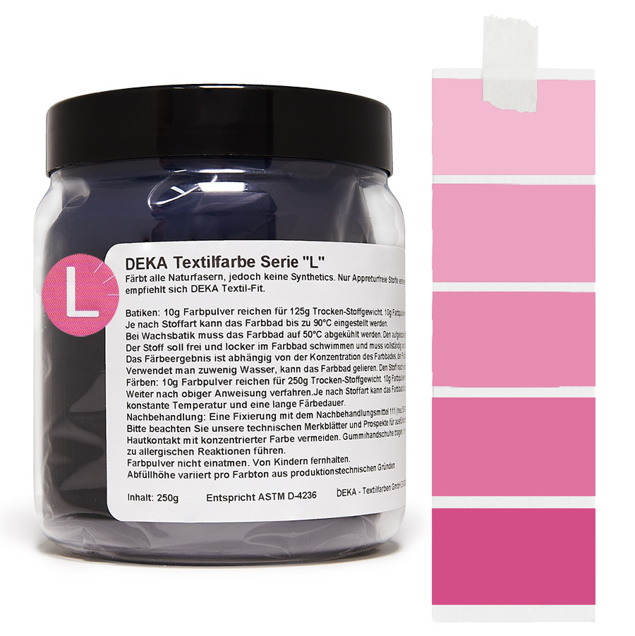 DEKA L Textilfarbe 250 g Rosa Dose DEKA L Textilfarbe 250 g in Rosa mit Farbmustern auf Stoff