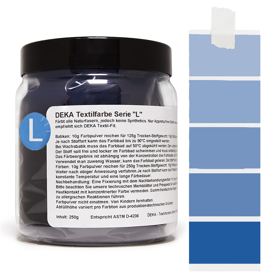 DEKA L Textilfarbe 250 g Kornblumenblau Dose DEKA L Textilfarbe 250 g in Kornblumenblau mit Farbmustern auf Stoff