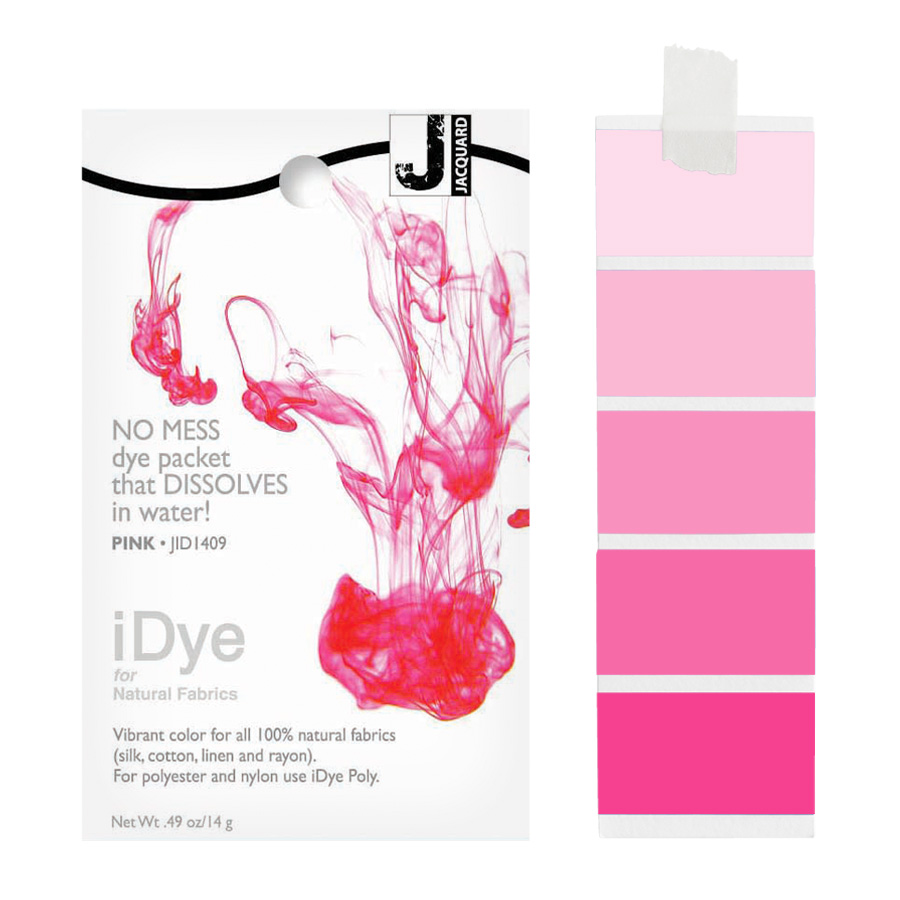 Jacquard iDye Natural 409 Pink Packung Jacquard iDye Natural 409 Pink mit sich lösender Farbe im Wasser und Farbmustern in Rosa