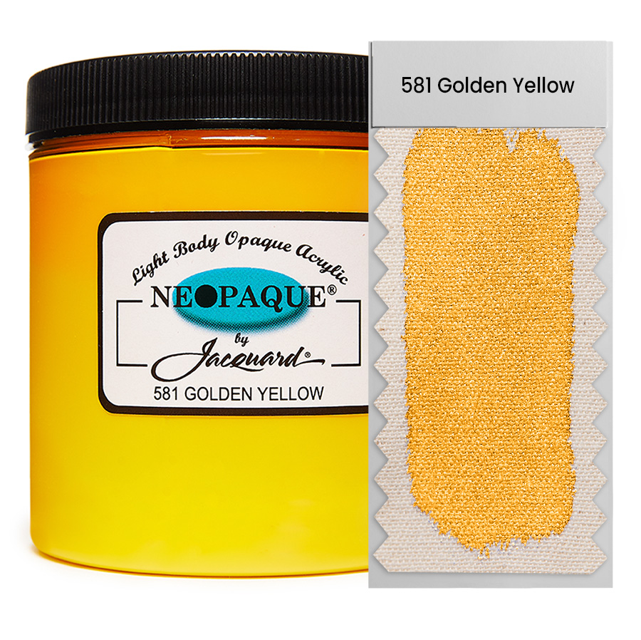 Jacquard Neopaque 581 Golden Yellow 236 ml Dose Jacquard Neopaque 581 Golden Yellow 236 ml mit Farbaufstrich auf Stoff, deckende Acrylfarbe