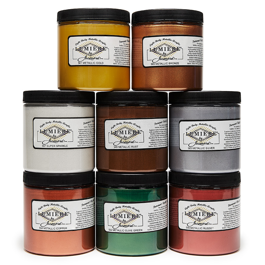 Jacquard Lumiere Metallic- und Perlglanzfarben 236 ml Gestapelte Dosen Jacquard Lumiere Metallic Farben in Gold, Kupfer, Silber, Grün und Rot