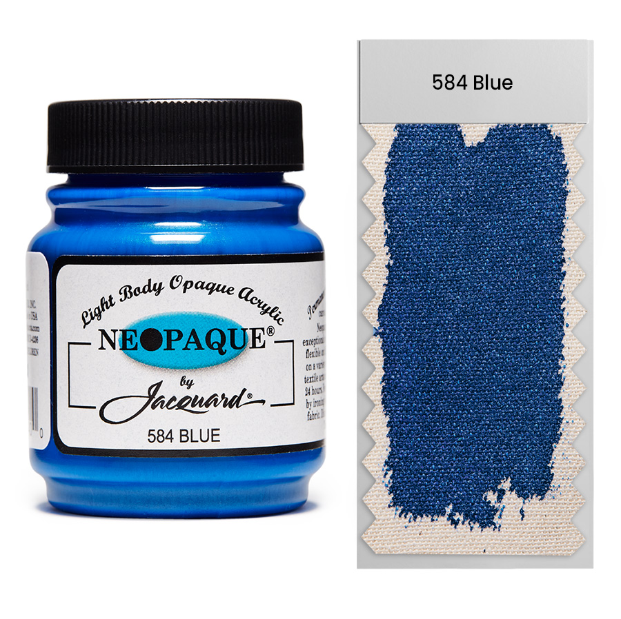 Jacquard Neopaque 584 Blue 67 ml Dose Jacquard Neopaque 584 Blue 67 ml mit Farbaufstrich auf Stoff, deckende Acrylfarbe