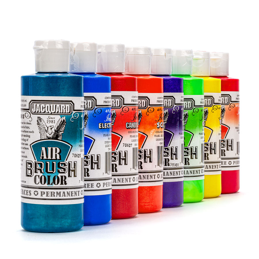 Jacquard Airbrush Color Iridescent Row of Jacquard Airbrush Color Iridescent bottles in all colours