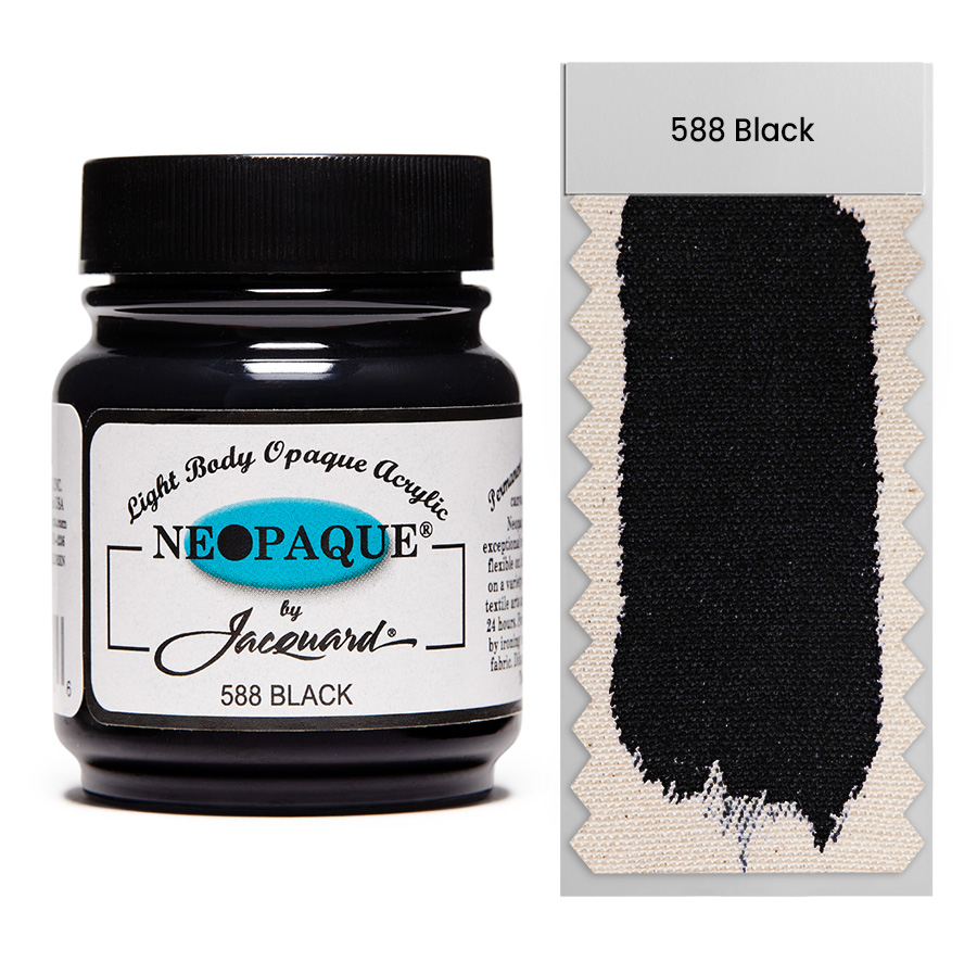 Jacquard Neopaque 588 Black 67 ml Dose Jacquard Neopaque 588 Black 67 ml mit Farbaufstrich auf Stoff, deckende Acrylfarbe