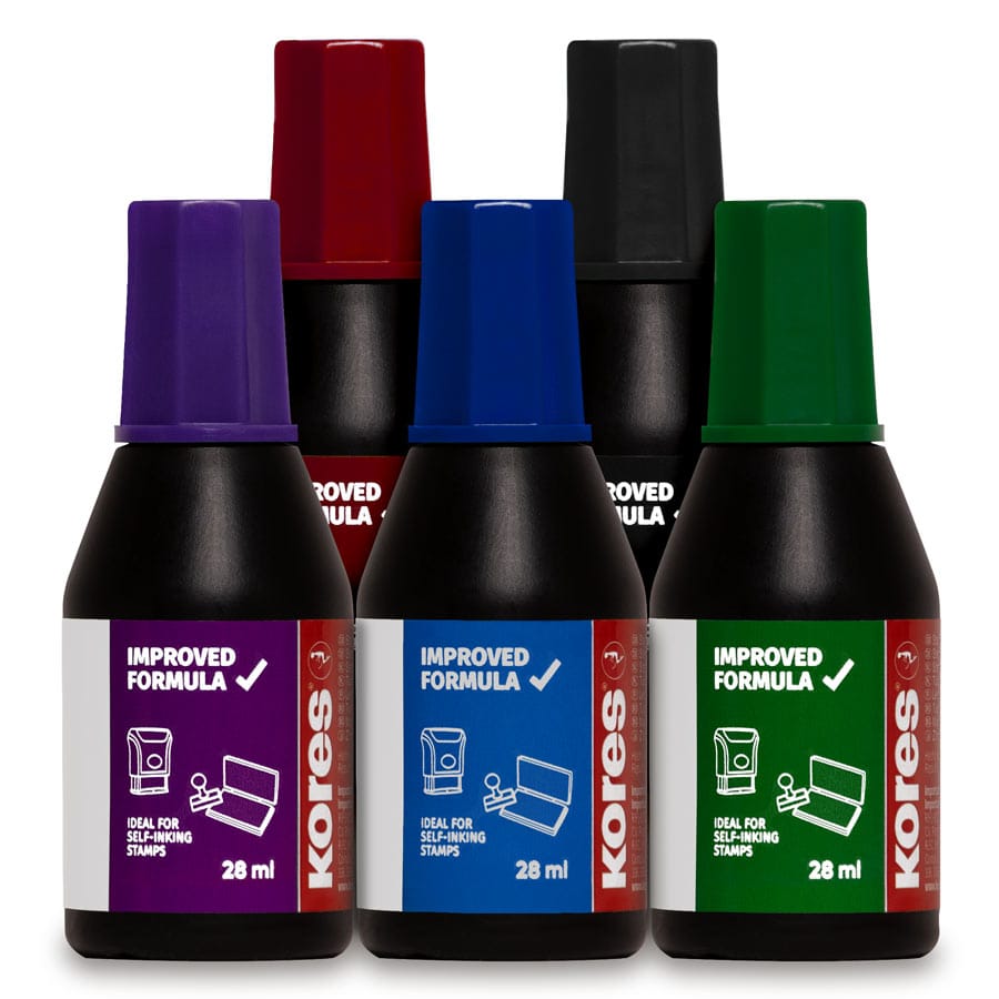Die Kores® Stempelfarbe  ist UVA-beständig und die ist In den Farben: Rot – Violett – Blau – Grün – Schwarz zu erwerben.