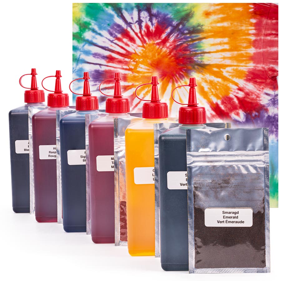 Kit tie-dye XL Rainbow Contenu du kit tie-dye PATIN-A XL Rainbow avec flacons arc-en-ciel et accessoires