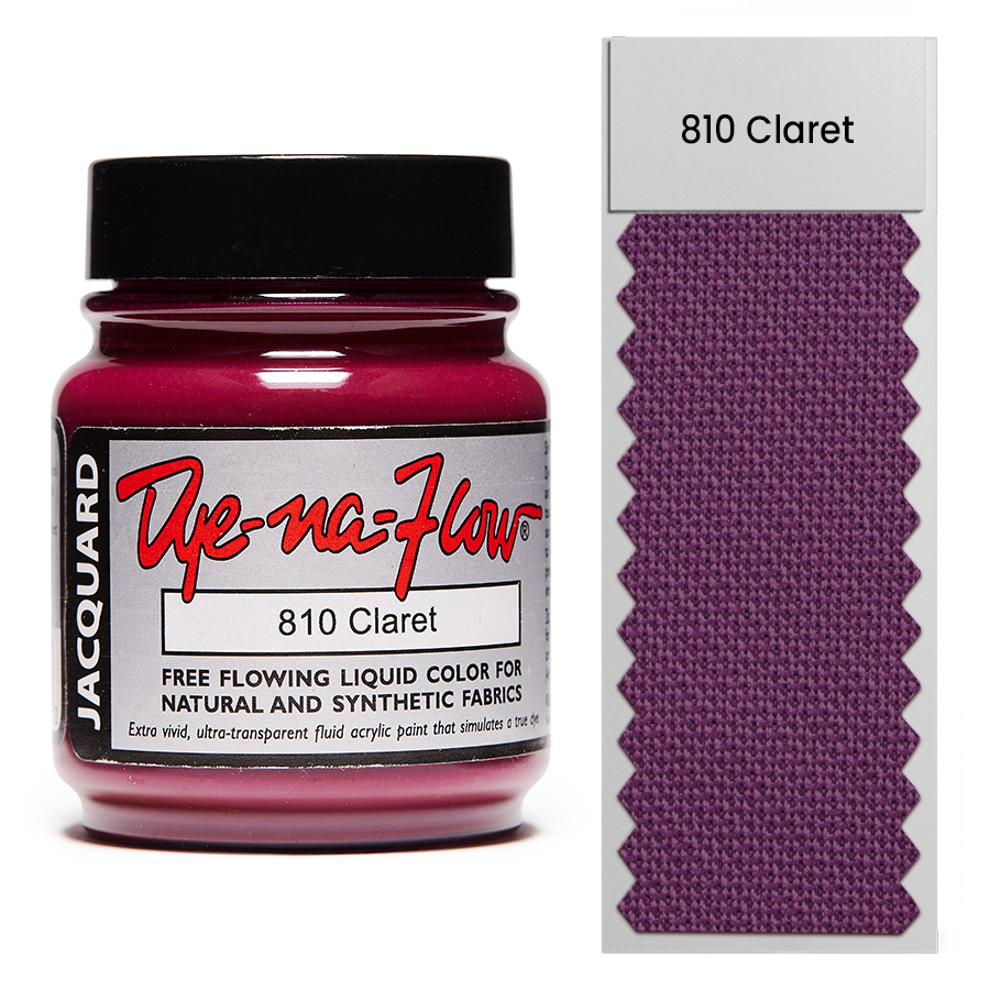 Jacquard Dye-Na-Flow 810 Claret 67 ml Flasche Jacquard Dye-Na-Flow 810 Claret 67 ml mit Farbmuster auf Stoff