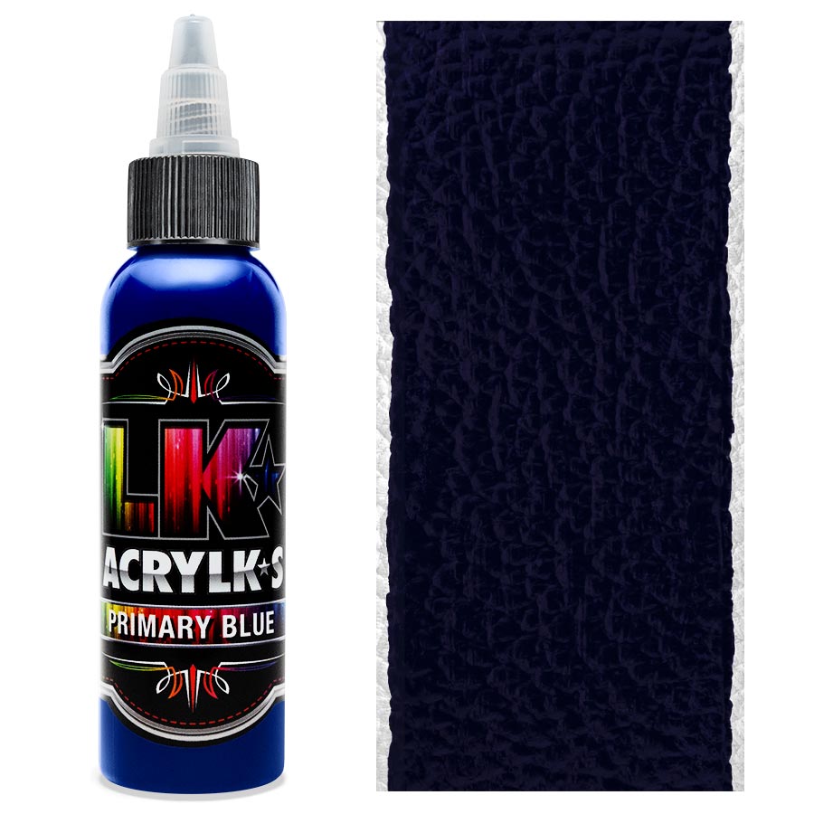Liquid Kicks Acrylks Primary Blue - Bleu LK ACRYLKS est la peinture ultime pour le cuir, la toile, le vinyle, le plastique, le métal, le papier, le bois et bien plus encore. Les LK ACRYLKS ont une valeur chromatique élevée et sont incroyablement faciles à mélanger. Les artistes aiment la passion