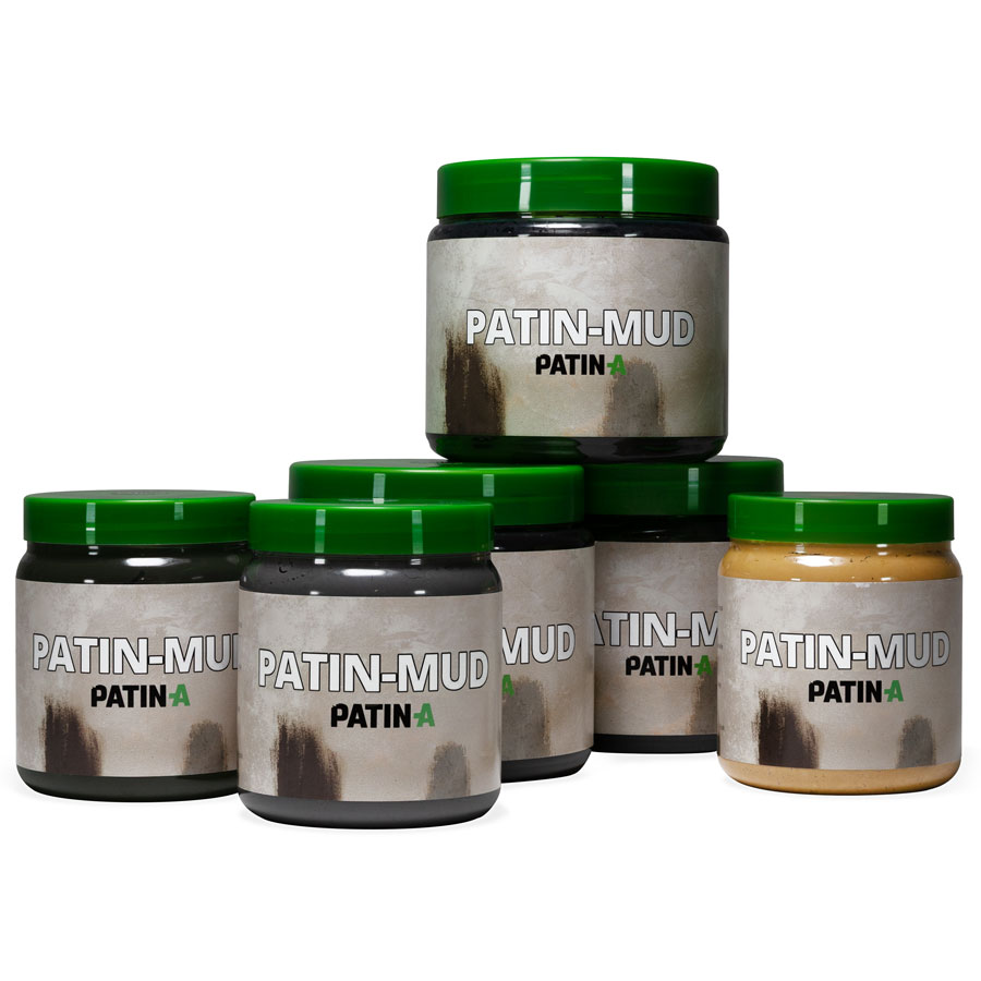 PATIN-MUD 6er Set Patinierschlamm XXL. Der beliebte wasserlösliche Patinier-Schlamm in schönen und authentische Patina-Farbtöne: Ocker, Dark Grey, Dark Brown, Oliv, Clay Grey und Light Grey