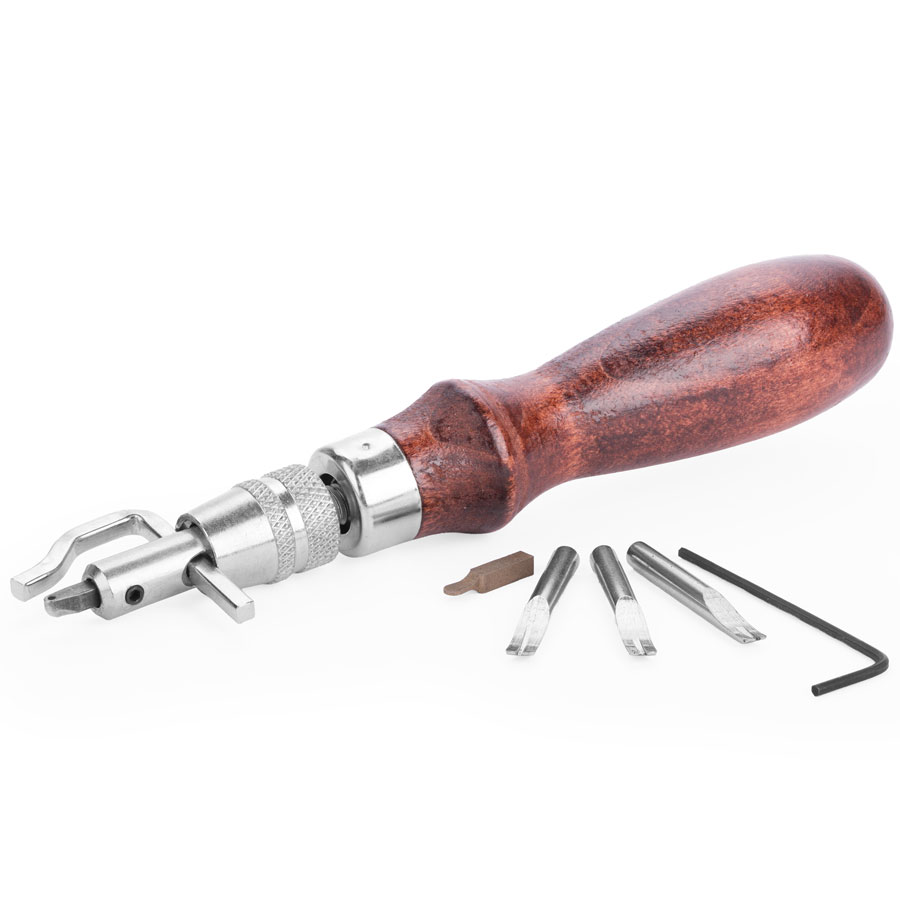 Mit diesem Leder-Werkzeug Set haben Sie fünf hochwertige Arbeitsgeräte in einem! Lochhobel, Reifeleisen und drei Kantenhobel für den Handgriff aus Holz mit Parallelanschlag.