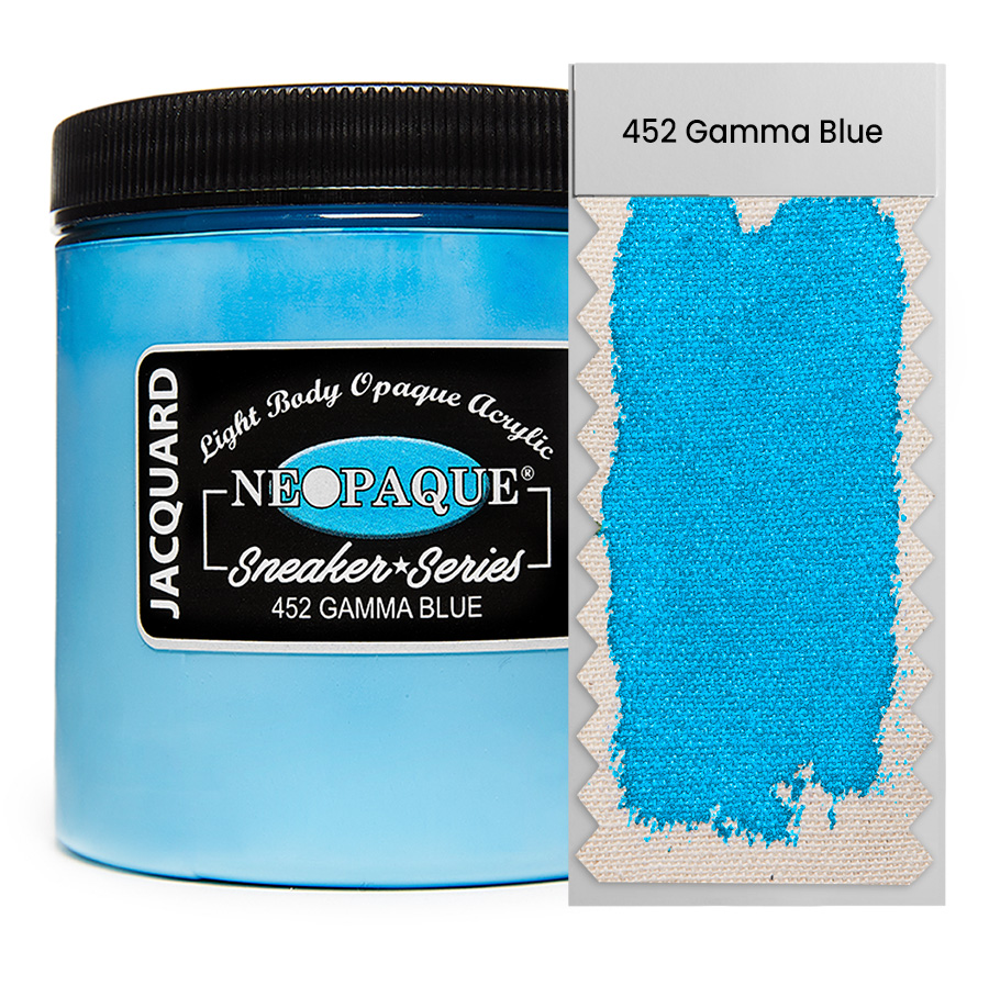 Jacquard Neopaque Sneaker 452 Gamma Blue 236 ml Dose Jacquard Neopaque Sneaker 452 Gamma Blue 236 ml mit Farbaufstrich auf Stoff, deckende Acrylfarbe