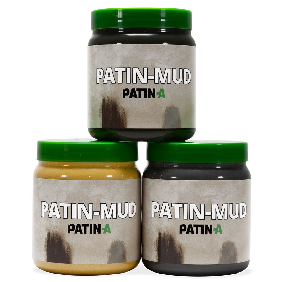 PATIN-MUD 3er Set Helle Farben. Der beliebte wasserlösliche Patinier-Schlamm in dunklen, schönen und authentische Patina-Farbtöne: Ocker, Oliv und Hellgrau
