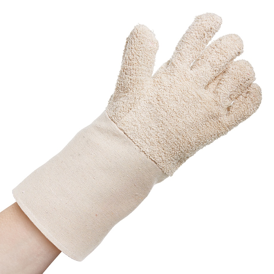 Frottee-Handschuh angezogen Hand mit angezogenem Frottee-Handschuh