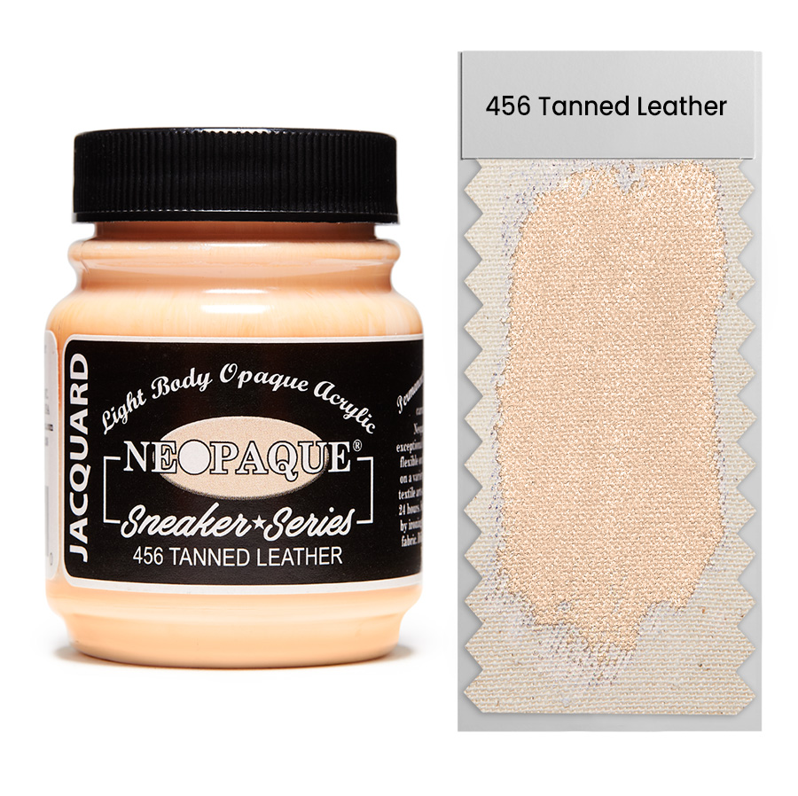 Jacquard Neopaque Sneaker 456 Tanned Leather 67 ml Dose Jacquard Neopaque Sneaker 456 Tanned Leather 67 ml mit Farbaufstrich auf Stoff, deckende Acrylfarbe