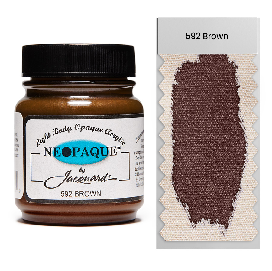 Jacquard Neopaque 592 Brown 67 ml Dose Jacquard Neopaque 592 Brown 67 ml mit Farbaufstrich auf Stoff, deckende Acrylfarbe