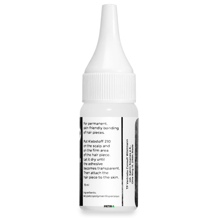 Klebstoff 210 eignet sich zur dauerhaften, permanenten Verklebung von Haarteilen mit Vollfolien-Monturen auf der Haut.
