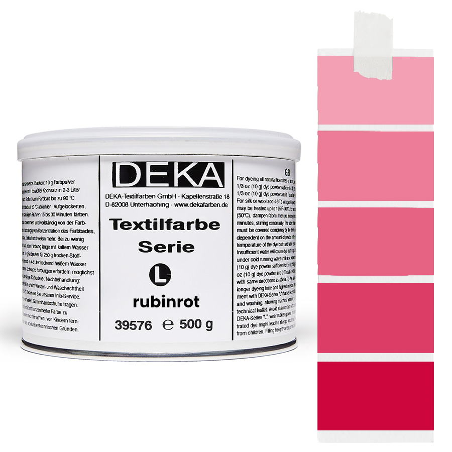 DEKA L Textilfarbe 500 g Rubinrot Dose DEKA L Textilfarbe 500 g in Rubinrot mit Farbmustern auf Stoff