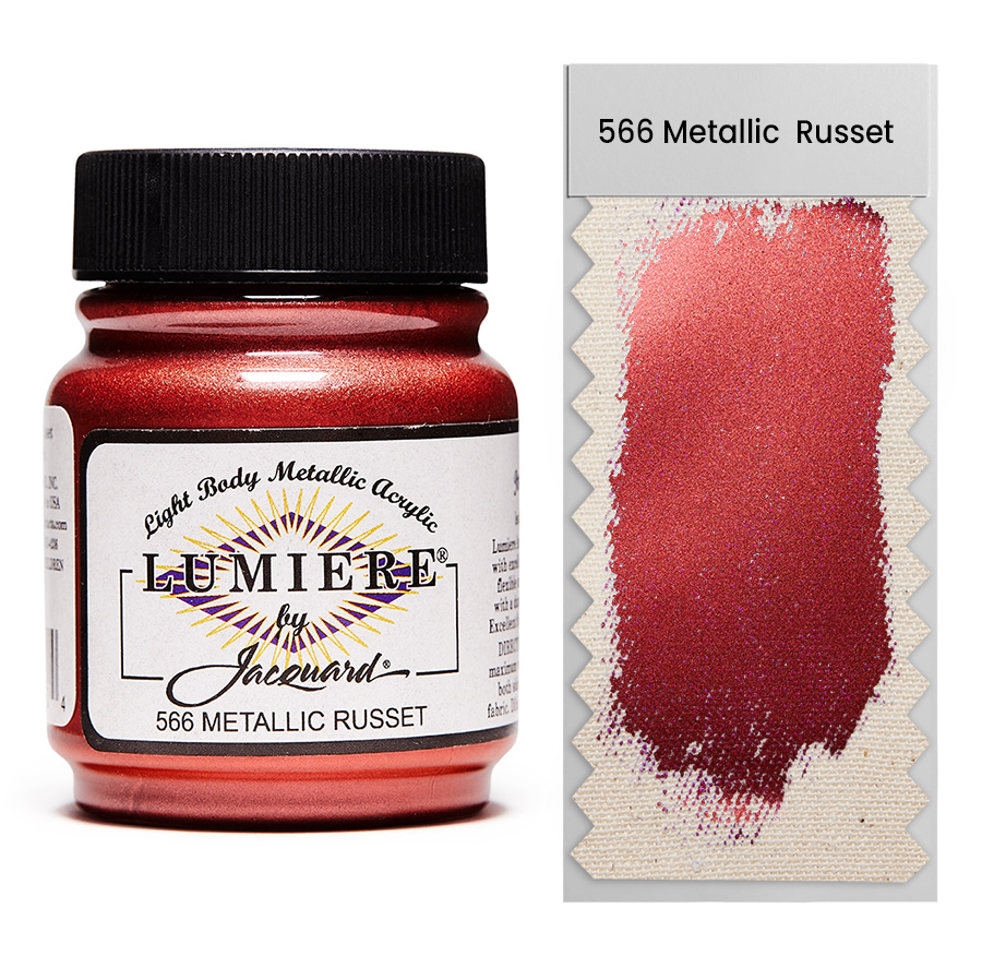 Jacquard Lumiere 566 Metallic Russet 67 ml Jar of Jacquard Lumiere 566 Metallic Russet 67 ml with swatch, metallic and pearlescent paint
