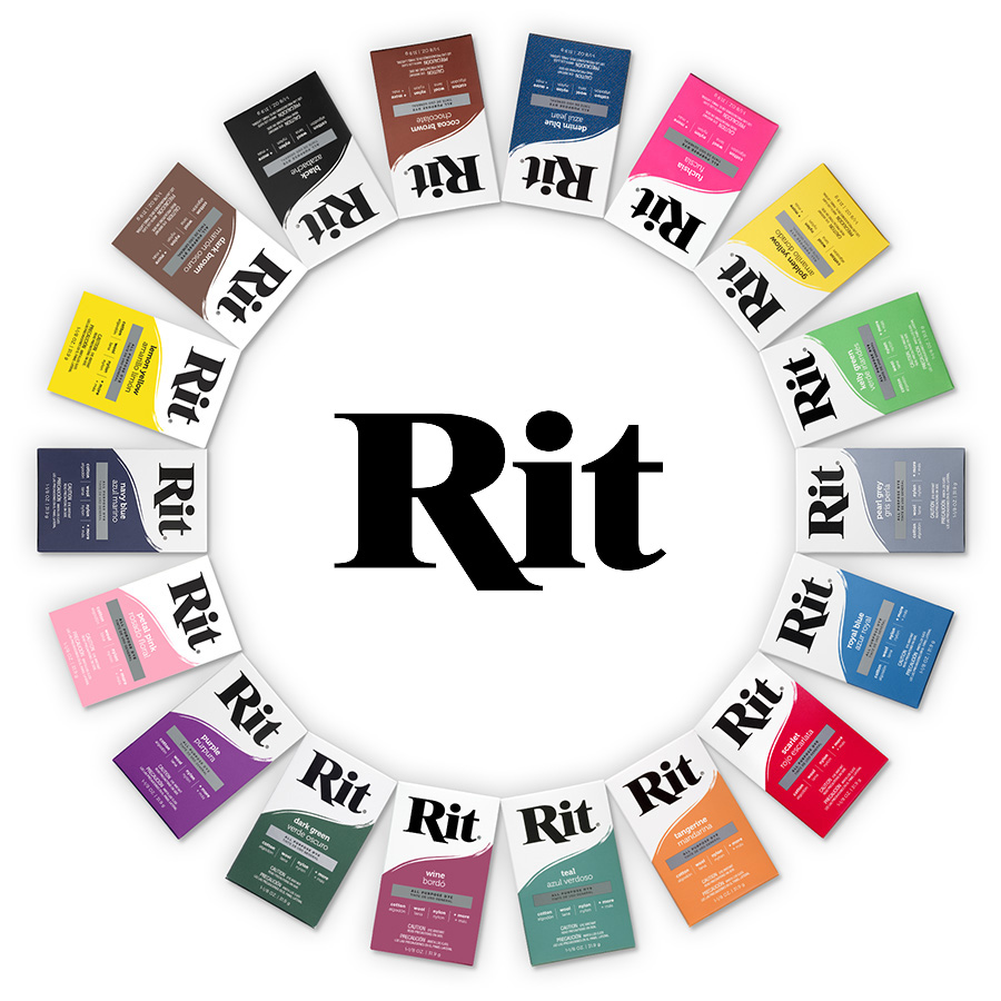 Rit All-Purpose Dye alle Farben Kreis aus Rit All-Purpose Dye Schachteln in vielen Farben um das Rit Logo
