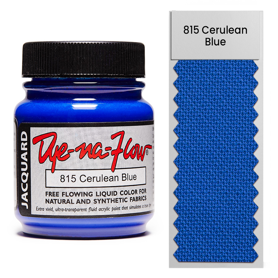 Jacquard Dye-Na-Flow 815 Cerulean Blue 67 ml Flasche Jacquard Dye-Na-Flow 815 Cerulean Blue 67 ml mit Farbmuster auf Stoff