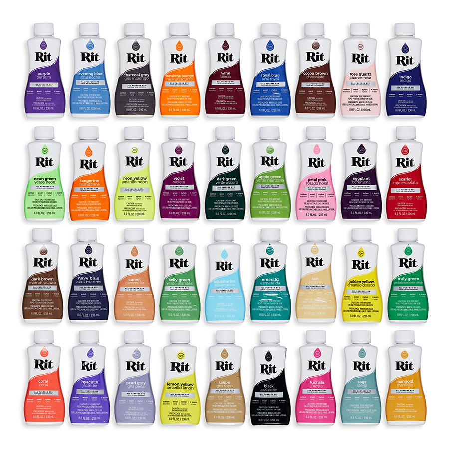 Rit All-Purpose Dye Farben Rit All-Purpose Dye Flaschen in vier Reihen, Farbübersicht