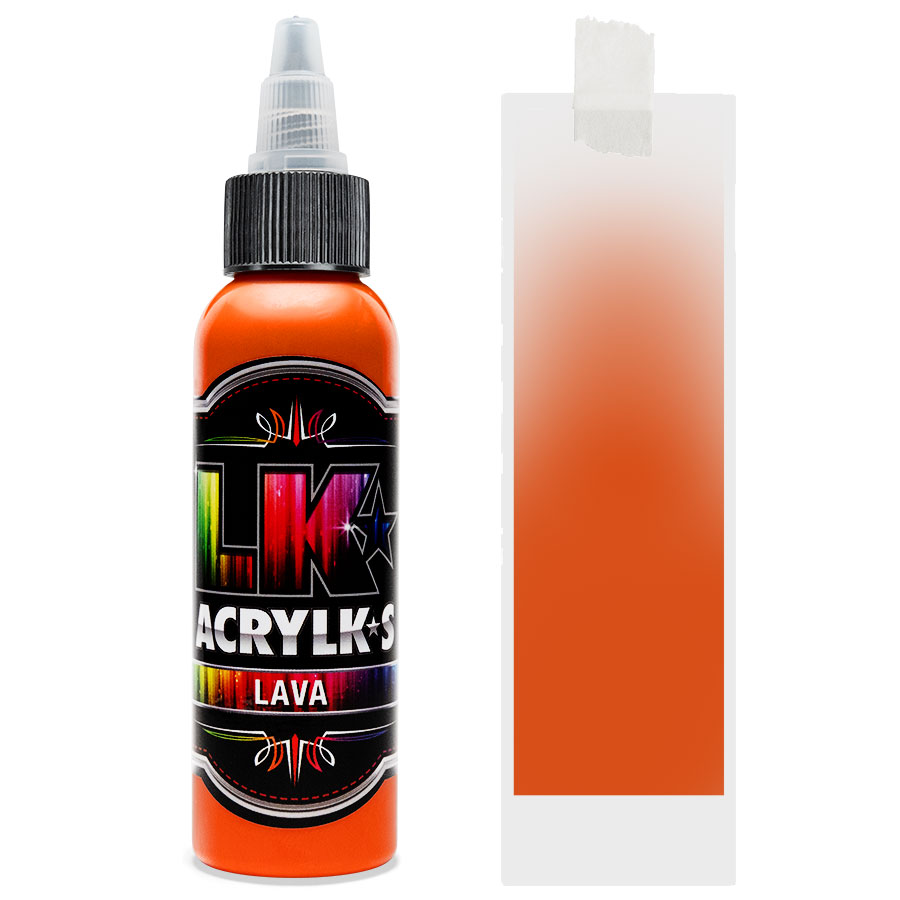 Liquid Kicks Acrylks Lava - Orange LK ACRYLKS est la peinture ultime pour le cuir, la toile, le vinyle, le plastique, le métal, le papier, le bois et bien plus encore. Les LK ACRYLKS ont une valeur chromatique élevée et sont incroyablement faciles à mélanger. Les artistes aiment la passion