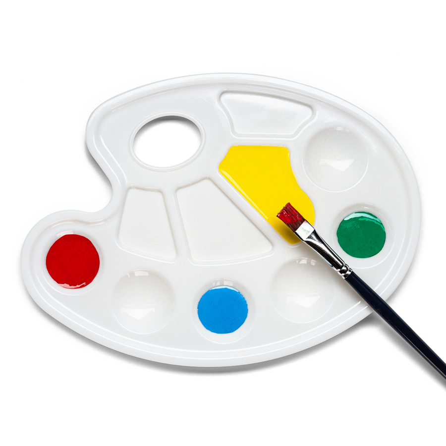 Mischpalette oval 10 Mulden Ovale Mischpalette mit Griffloch und 10 Mulden, Farben und Pinsel