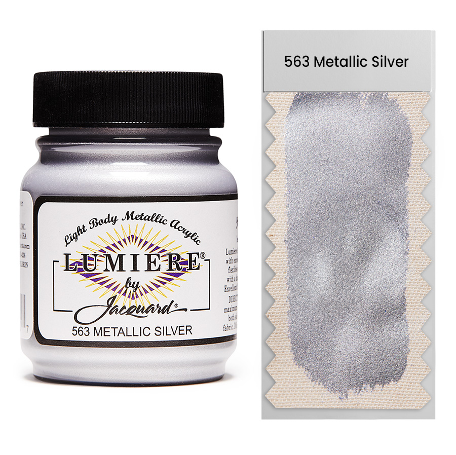 Jacquard Lumiere 563 Metallic Silver 67 ml Jar of Jacquard Lumiere 563 Metallic Silver 67 ml with swatch, metallic and pearlescent paint