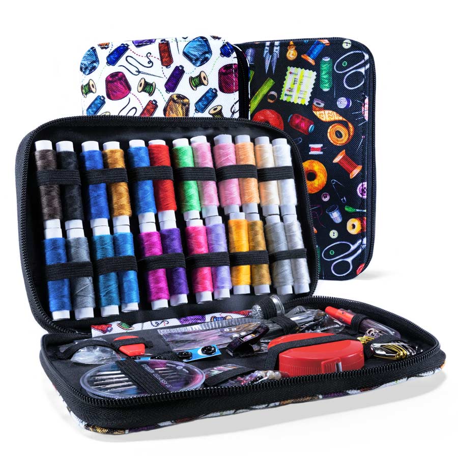 Trousse de couture 100 pièces ouverte Trousse de couture ouverte 100 pièces, bobines et accessoires sur trois volets