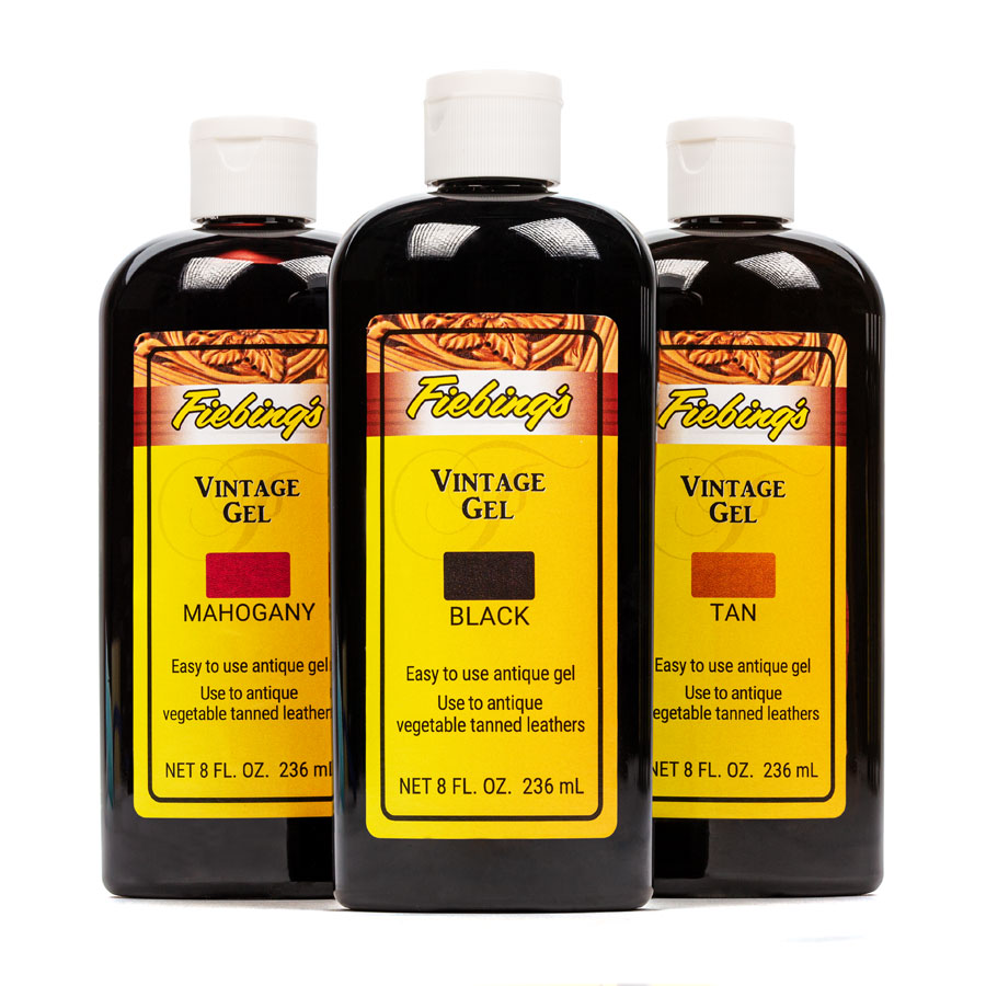 Fiebing's Vintage Gel Three bottles of Fiebing's Vintage Gel in Mahogany, Black and Tan