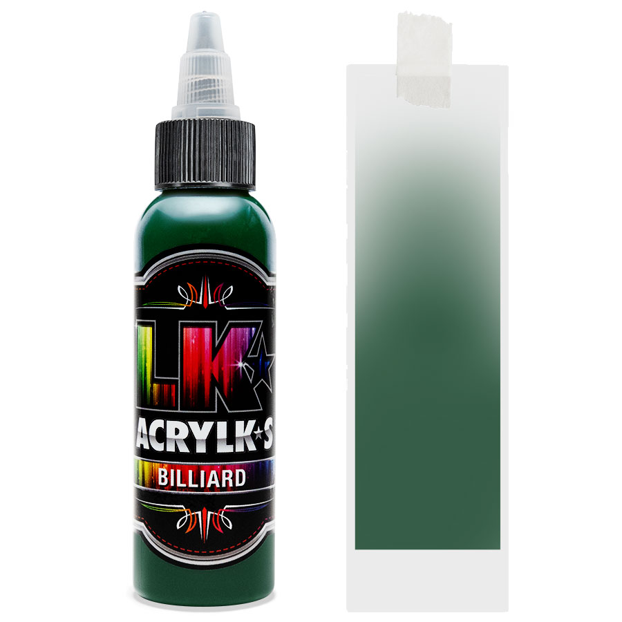 Liquid Kicks Acrylks Billard - Vert LK ACRYLKS est la peinture ultime pour le cuir, la toile, le vinyle, le plastique, le métal, le papier, le bois et bien plus encore. Les LK ACRYLKS ont une valeur chromatique élevée et sont incroyablement faciles à mélanger. Les artistes aiment la passion