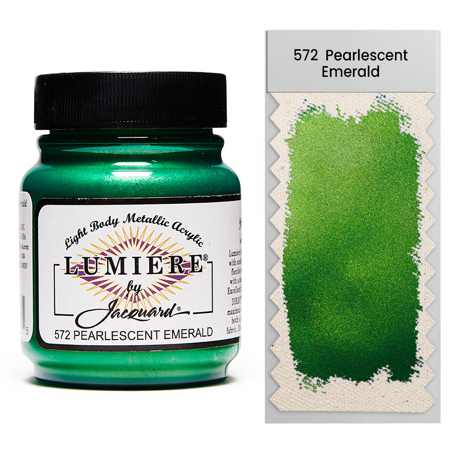 Jacquard Lumiere 572 Pearlescent Emerald 67 ml Jar of Jacquard Lumiere 572 Pearlescent Emerald 67 ml with swatch, metallic and pearlescent paint