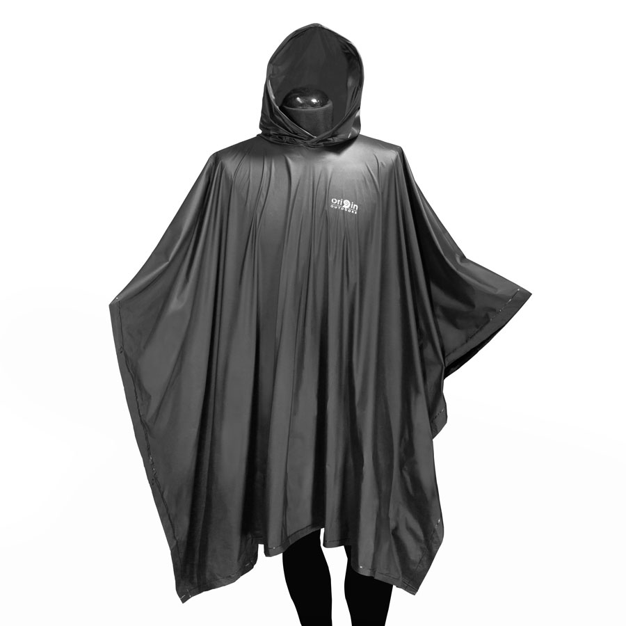 Poncho Schwarz Origin Wetterschutz Wasserdicht faltbar offener Knopf  