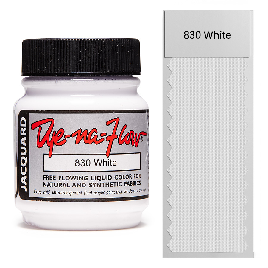 Jacquard Dye-Na-Flow 830 White 67 ml Flasche Jacquard Dye-Na-Flow 830 White 67 ml mit Farbmuster auf Stoff