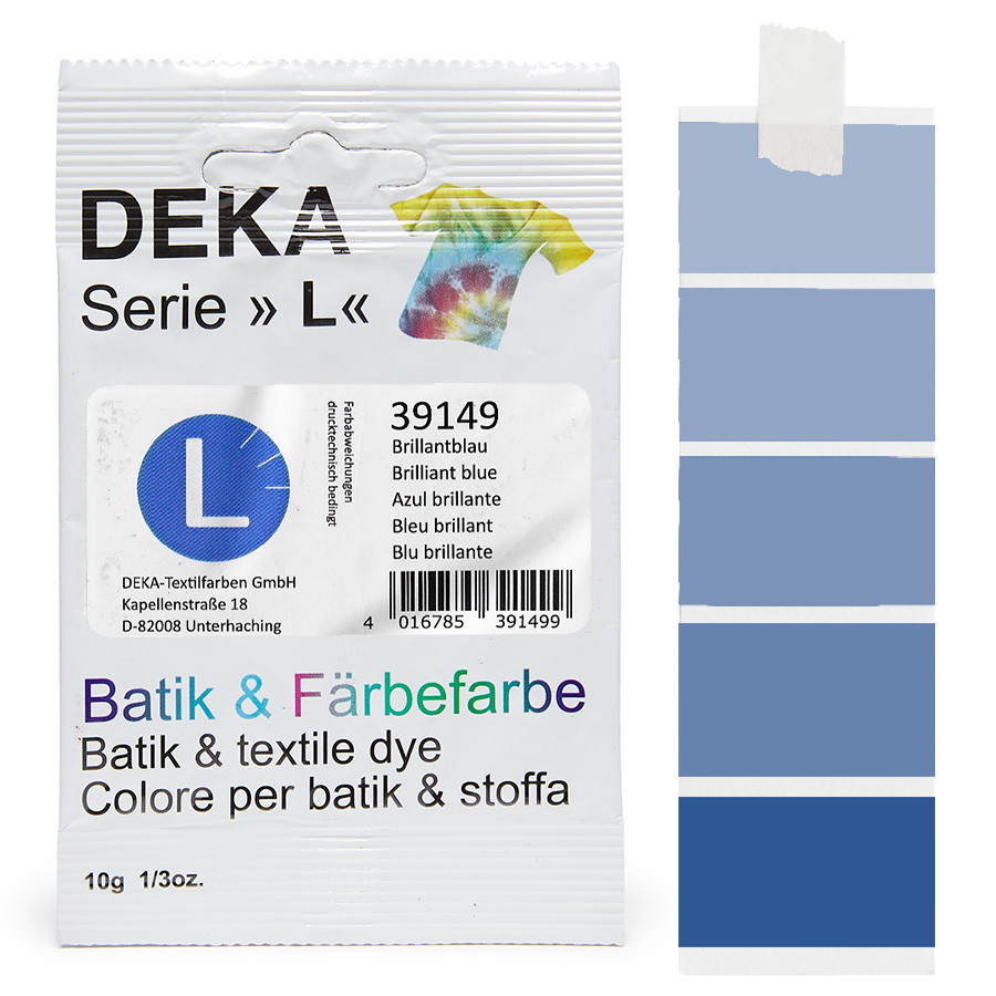 DEKA L teinture batik bleu brillant 10 g Sachet de teinture batik DEKA série L bleu brillant, 10 g, avec dégradé
