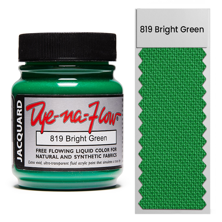 Jacquard Dye-Na-Flow 819 Bright Green 67 ml Flasche Jacquard Dye-Na-Flow 819 Bright Green 67 ml mit Farbmuster auf Stoff