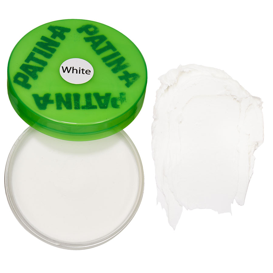 PATIN-CREME Weiß Geöffnete Dose PATIN-CREME Weiß mit Farbaufstrich zum Patinieren