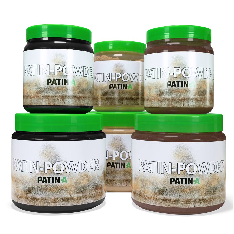 PATIN-POWDER sechs Dosen Sechs gestapelte Dosen PATIN-POWDER in 500 und 1000 ml